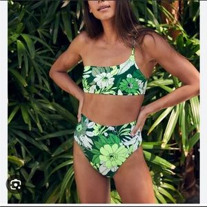 Aerie Neon Green Palm Leaf Print High Cut Cheeky Bikini set swim